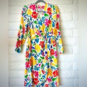 SOLD Vintage 100% Silk Dress Stanley Sherman 80’s Green Blue Red Pink Floral